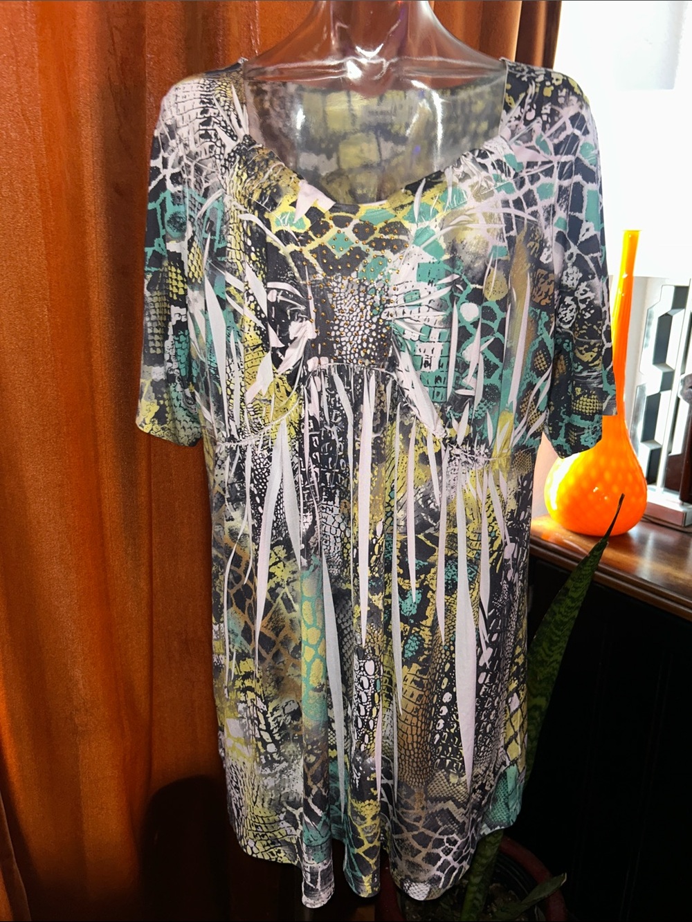ONE WORLD Abstract Short-Sleeve Tunic in Teal, Yellow & Black